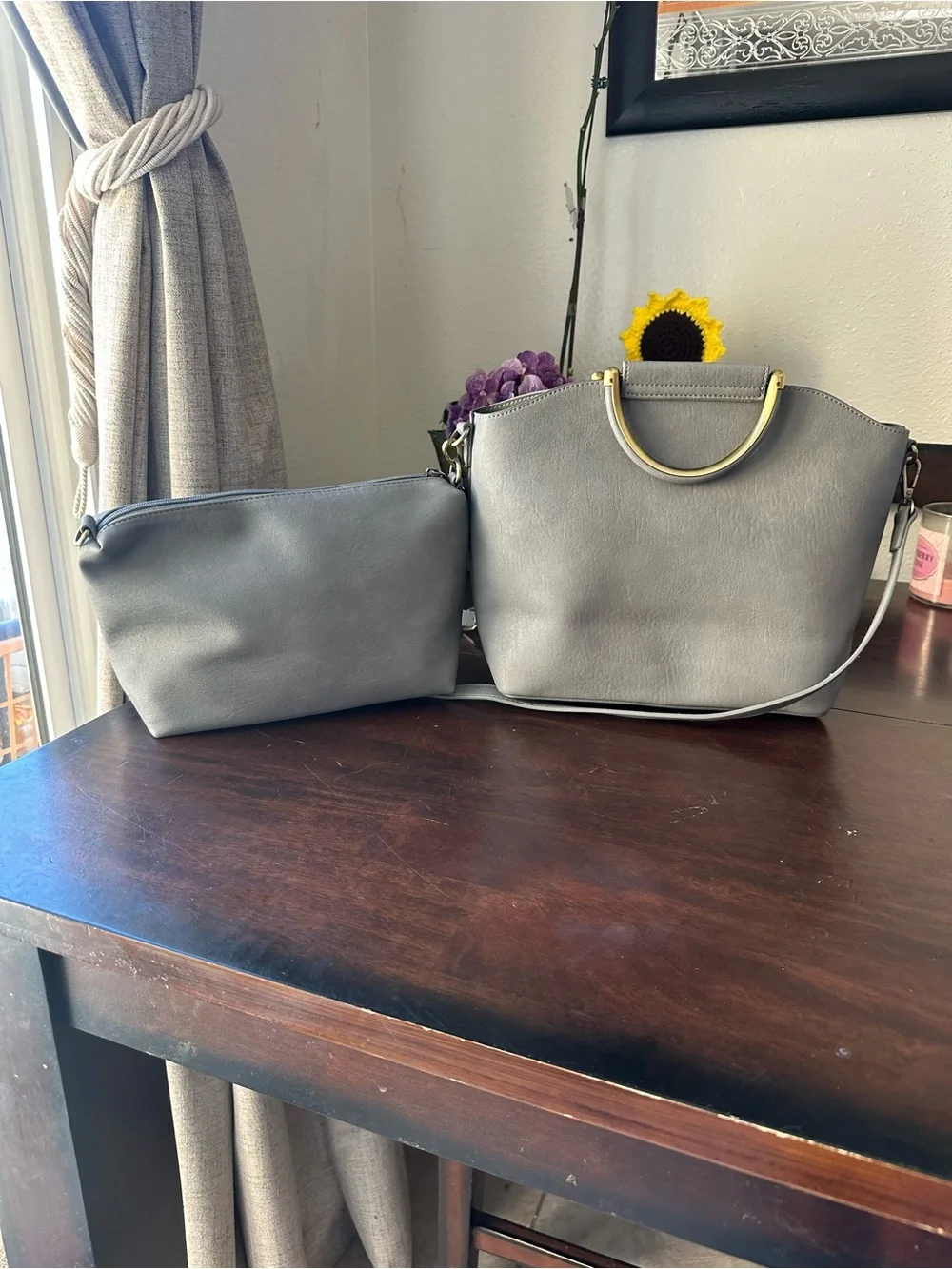 Antik Kraft Light Gray Crossbody Bag with Gold Handle